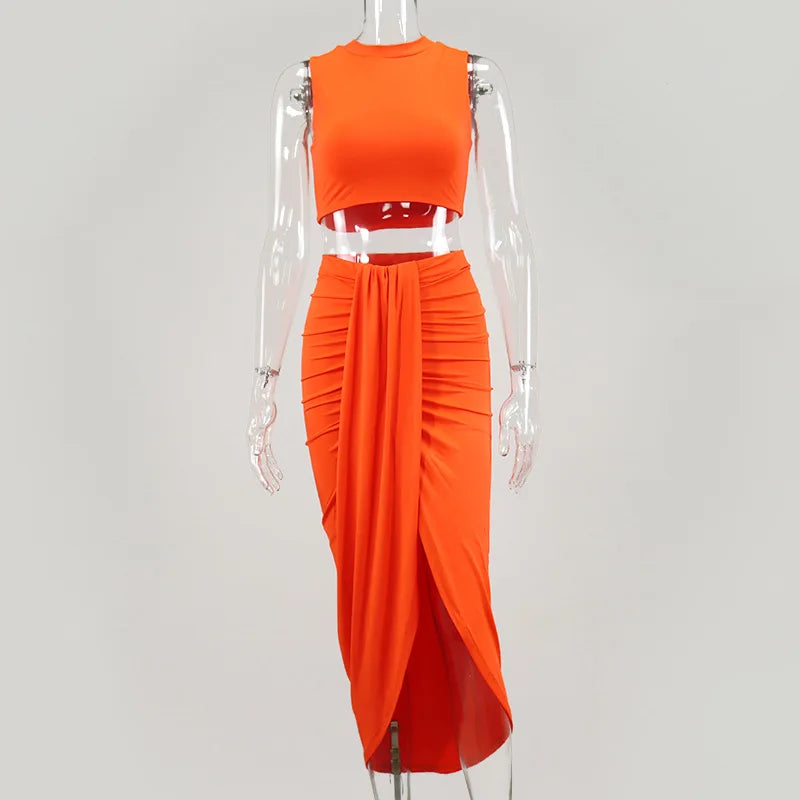 Summer Women Fashion Clothing Sets Sexy Ruched Bodycon Two Piece Club Outfits Sleeveless Crop Tops And Long Slit Skirt somè