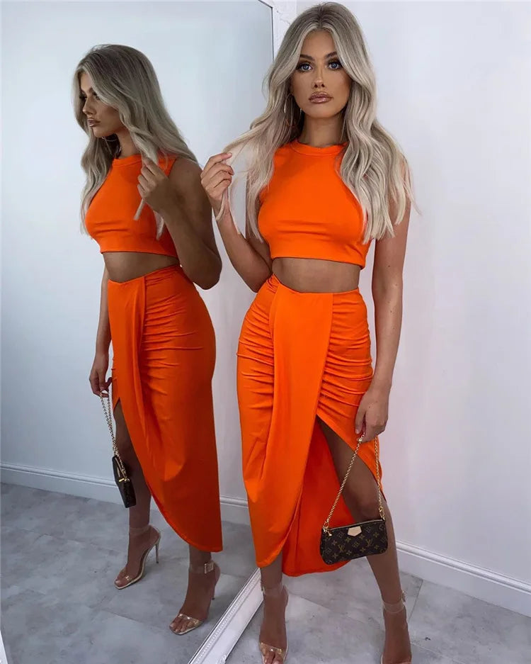Summer Women Fashion Clothing Sets Sexy Ruched Bodycon Two Piece Club Outfits Sleeveless Crop Tops And Long Slit Skirt somè