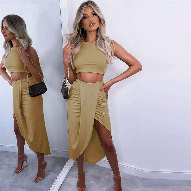 Summer Women Fashion Clothing Sets Sexy Ruched Bodycon Two Piece Club Outfits Sleeveless Crop Tops And Long Slit Skirt somè