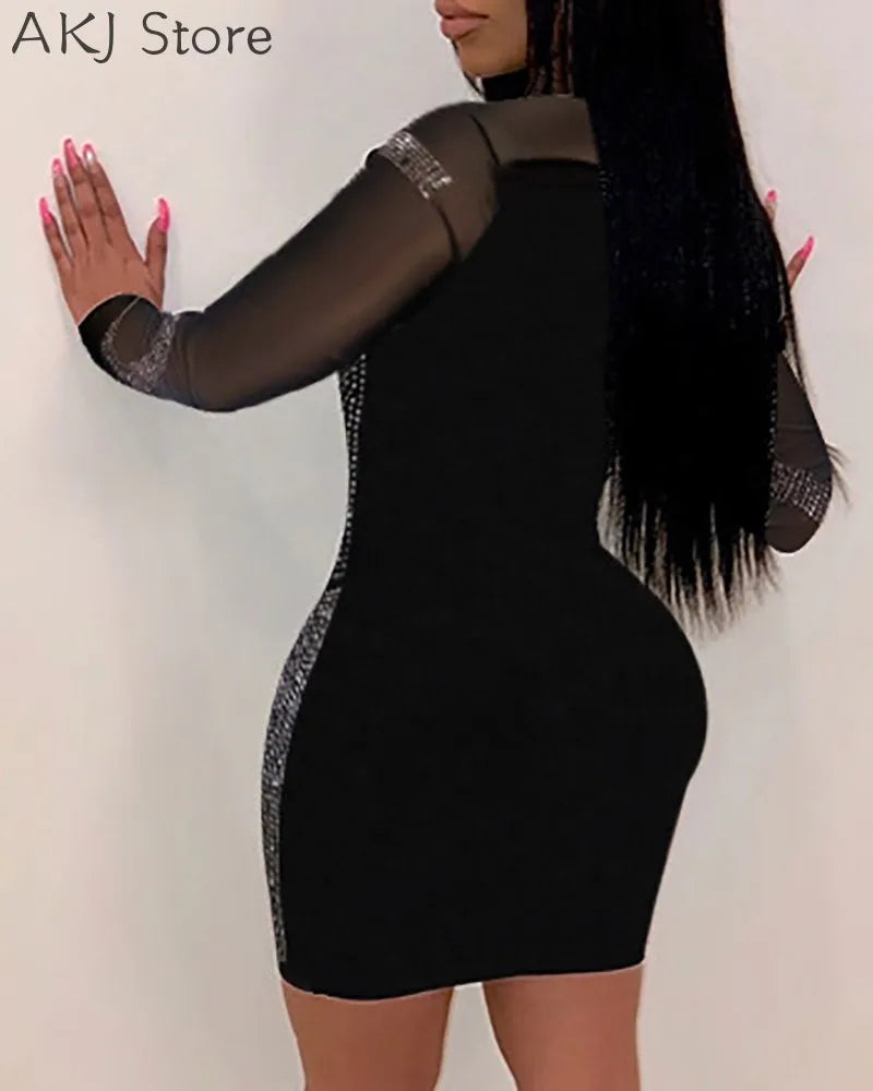 Women Solid Color Rhinestone Design Long Sleeve Sheer Mesh Bodycon Dress kpy
