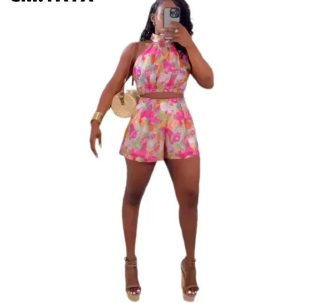 Women's Set floral print Sleeveless Top + Shorts Suit Summer Street Sexy Party Two 2 Piece Set Outfit Tracksuits somè