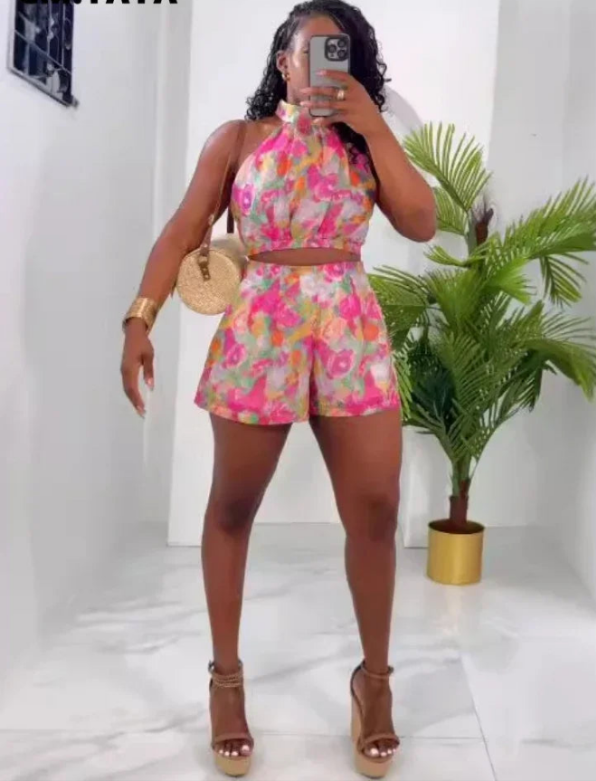 Women's Set floral print Sleeveless Top + Shorts Suit Summer Street Sexy Party Two 2 Piece Set Outfit Tracksuits somè