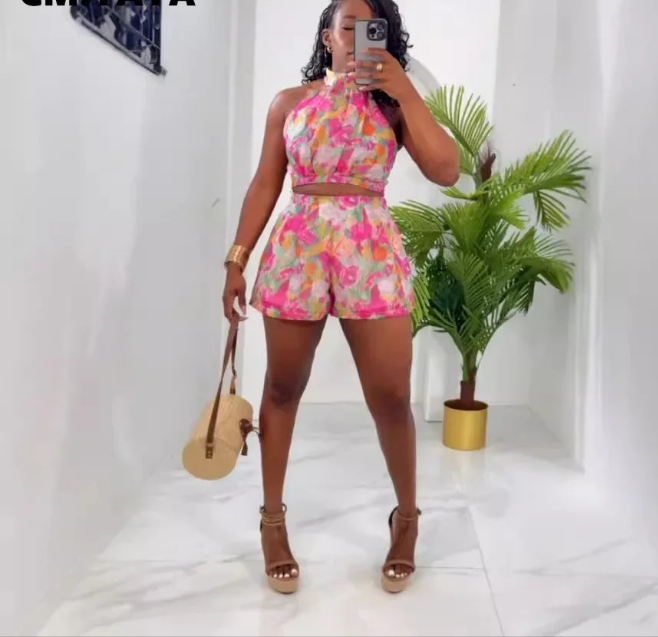 Women's Set floral print Sleeveless Top + Shorts Suit Summer Street Sexy Party Two 2 Piece Set Outfit Tracksuits somè