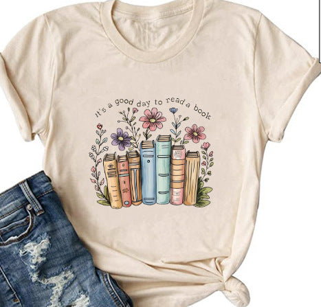 Book Flower Printed Colored Cotton T-shirt