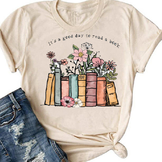 Book Flower Printed Colored Cotton T-shirt