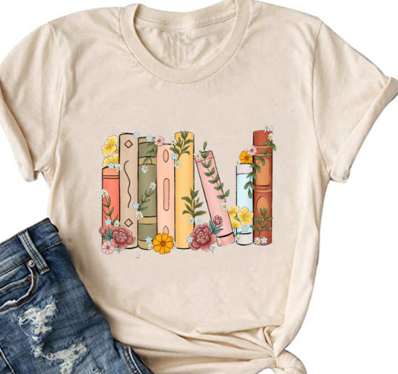 Book Flower Printed Colored Cotton T-shirt