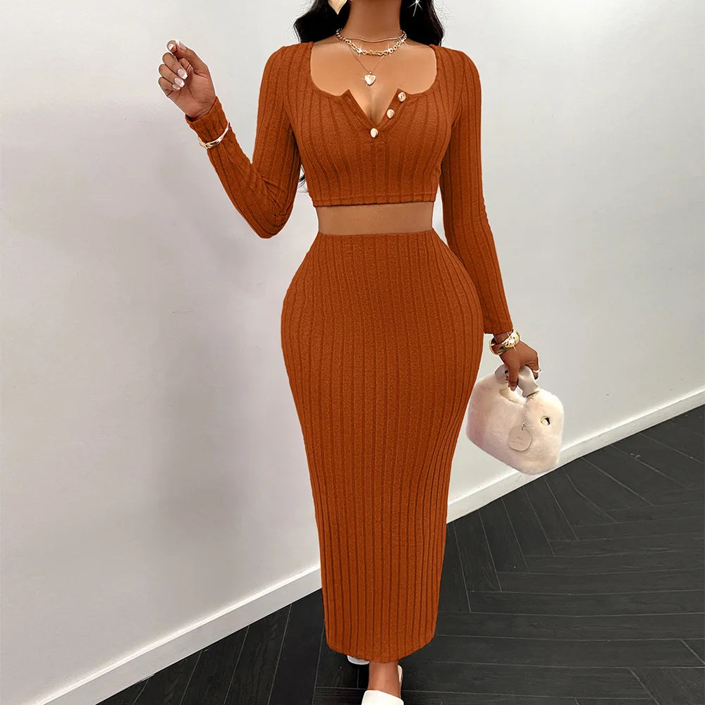 Two Piece Sets Women Skirt Set Full Sleeve Dress Sets Sexy U Neck Bodycon Short Tops Long Skirts Elegant Splice High Waist somè