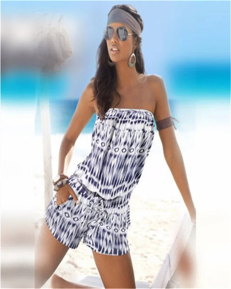 2025 new spring and summer fashion strapless one-shoulder one-piece casual printed drawstring one-piece pants