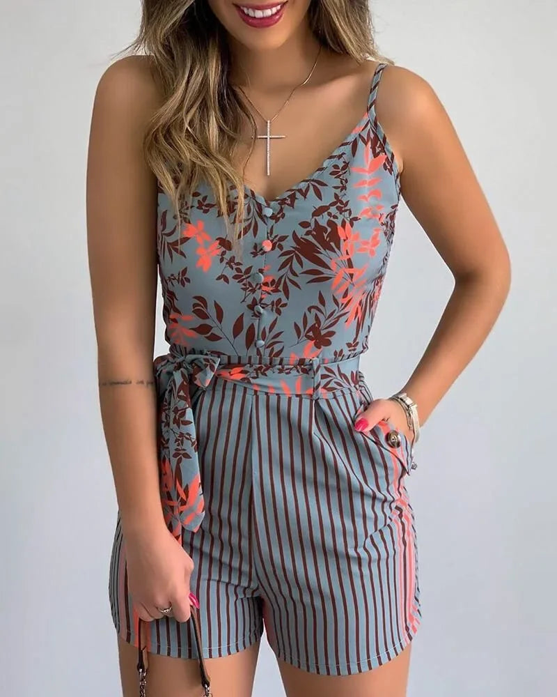 202& Summer New Women's V-neck Strap Fashion Leaf Print Stripe Strap Shorts Suit Female Jumpsuit Set
