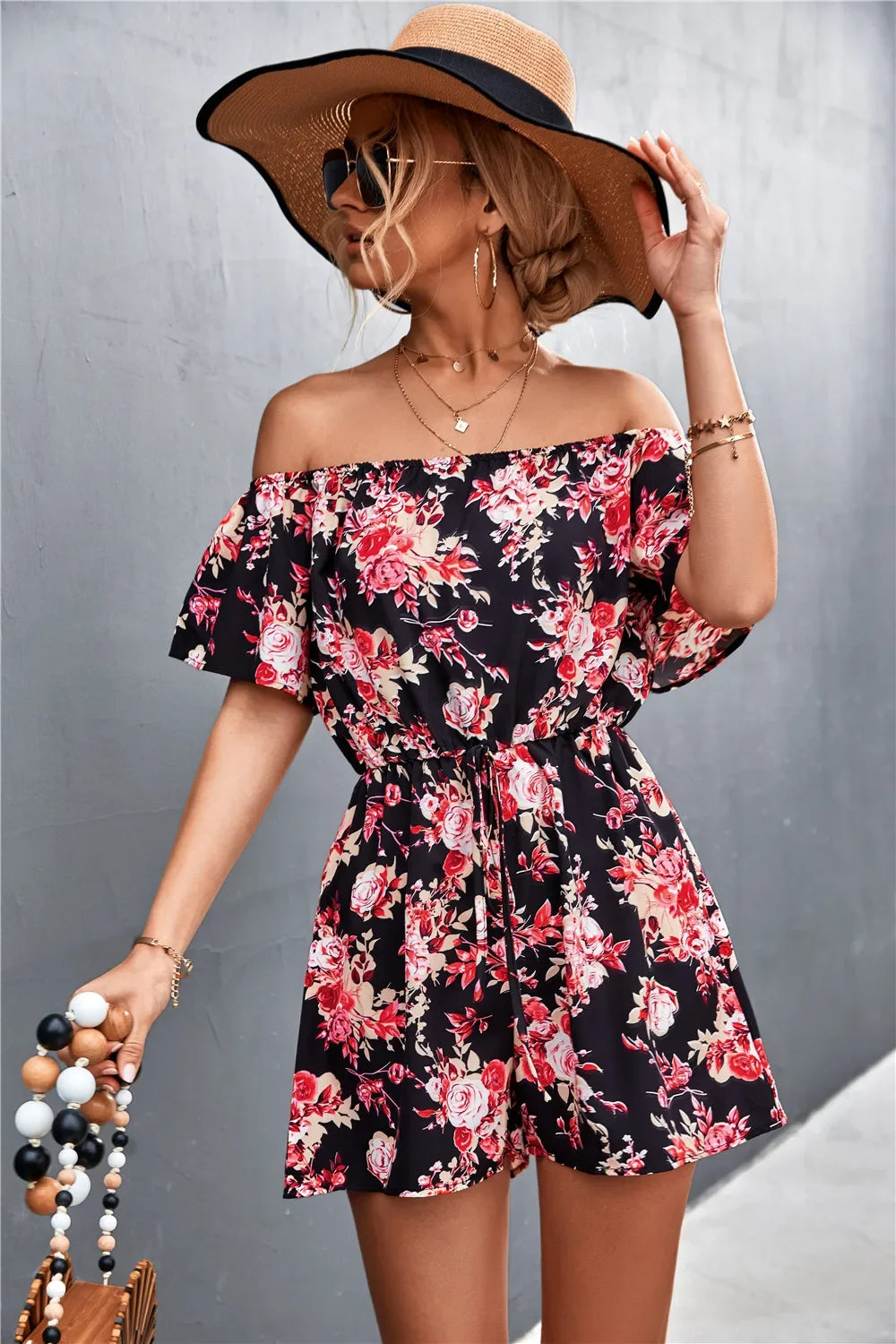 Summer Woman Playsuits Flowers Printed Sexy Off Shoulder Slim Romper Jumpsuit Women Short Sleeve Holiday Beach Playsuit 202&