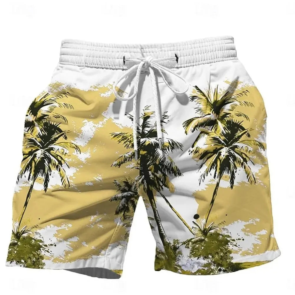 202& Summer Oversized Casual Men's Drawstring Shorts Quick Dry Hawaii Holiday Sports Swimming Trunks Coconut Tree Printed Shorts