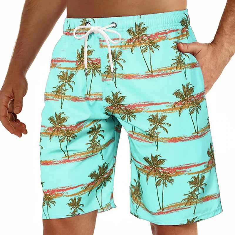 202& Summer Oversized Casual Men's Drawstring Shorts Quick Dry Hawaii Holiday Sports Swimming Trunks Coconut Tree Printed Shorts
