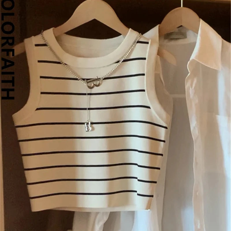 2025 New Striped Stretch Vest Basic Versatile Short Top Women's Clothing