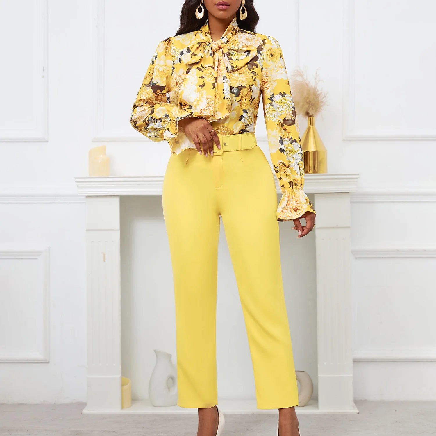 2 Pieces Pants Sets Women Printed Shirts & Pencil Pants Belt Waisted Straight Elegant Female Outfits Matching Pants Sets Clothes wowo