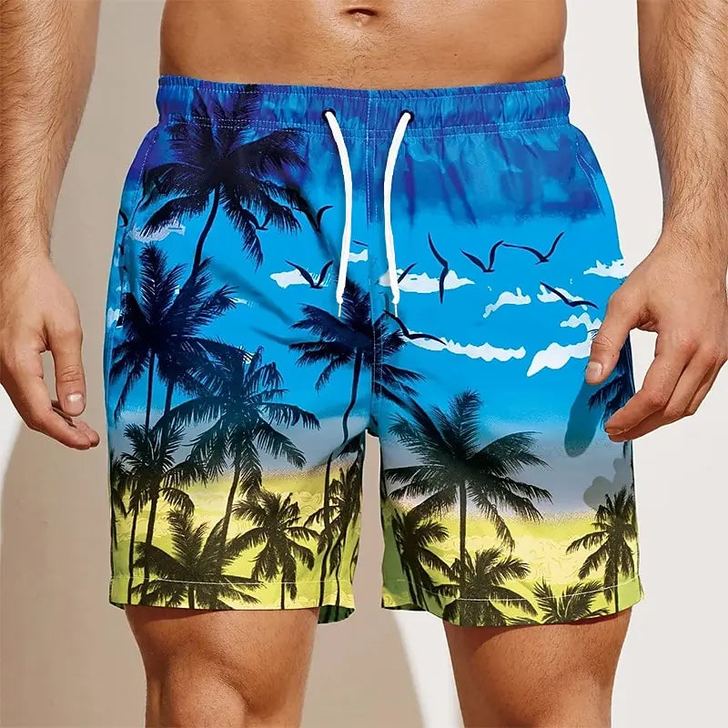 202& Summer Oversized Casual Men's Drawstring Shorts Quick Dry Hawaii Holiday Sports Swimming Trunks Coconut Tree Printed Shorts