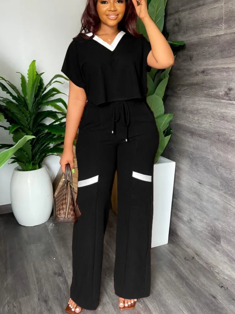 Elegant Women's Casual Short Sleeve T-shirt Sports Suit Summer Fashion Solid V Neck Short Top & Straight Pants Two Piece Sets somè
