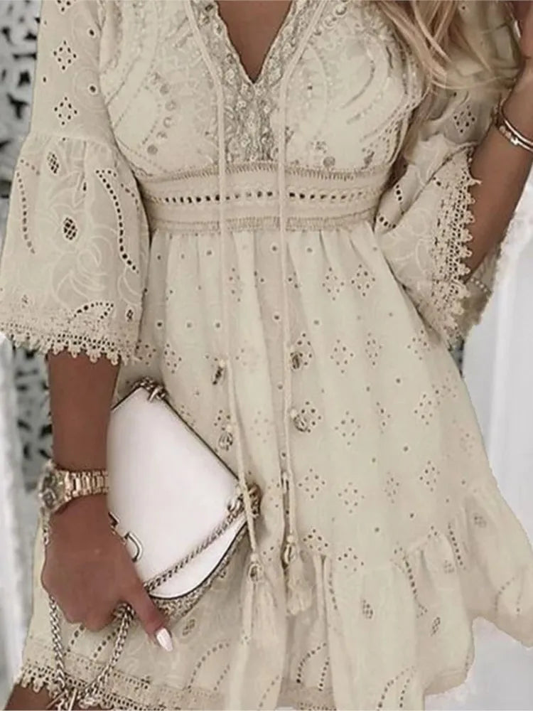Elegant Women White Hollow Lace Mini Dress Summer V-neck Patchwork Lace Up Three Quarter Sleeve Ladies Vacation Beach Dresses somè