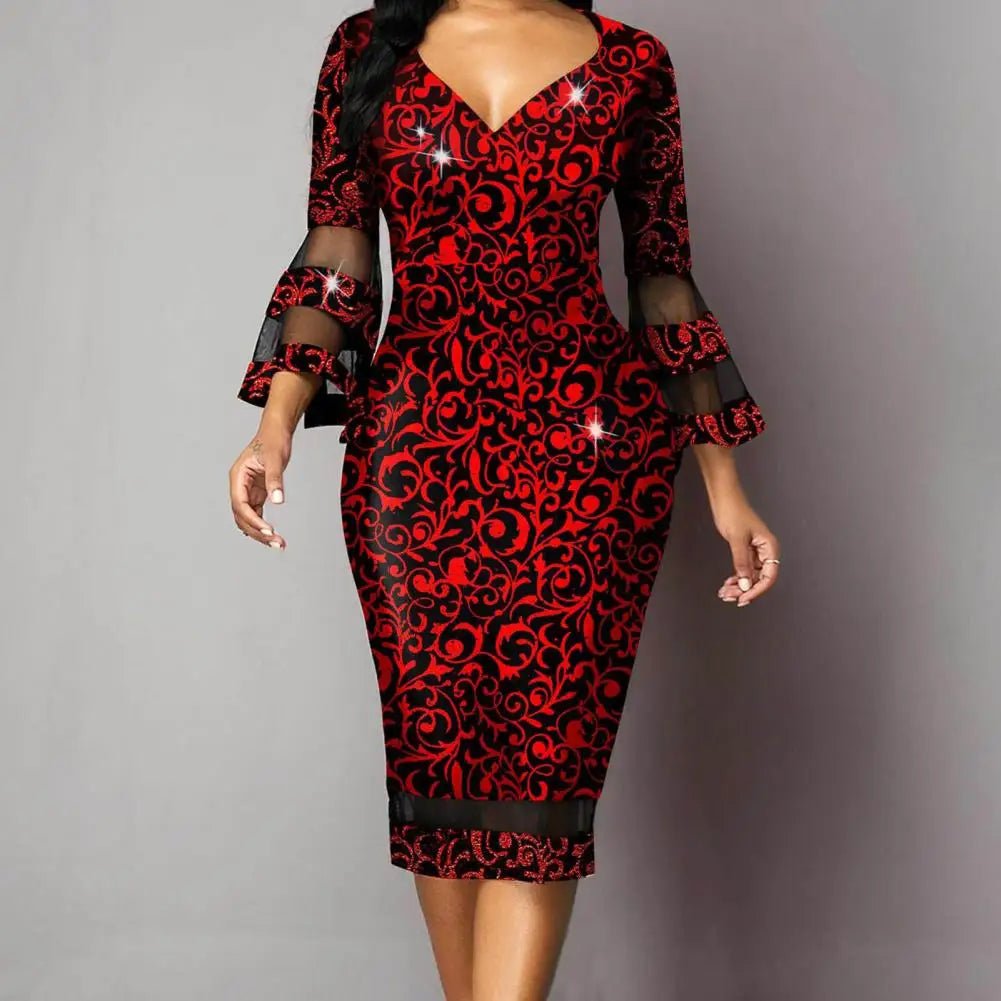 Midi Dress Beautiful Waist Tight Women Dress 3/4 Flare Sleeve Elegant Skinny Dress for Daily Wear