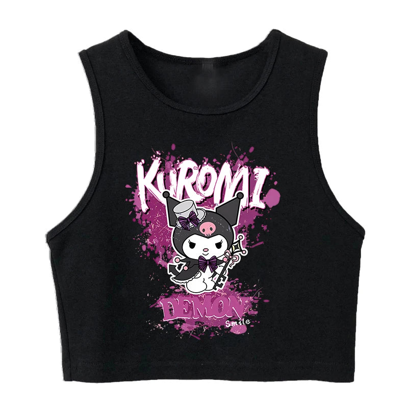 Y2K Vest Crop Top Kuromi T Shirt Cropped Sanrio Kuromi Women Manga T-shirt somè