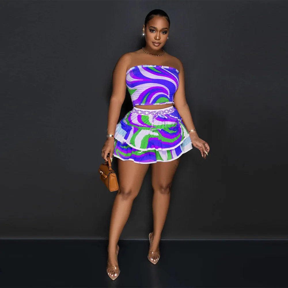 Women Two Pieces Set Printed Sleeveless Backless Breast Wrap Top and Pleated Mini Skirt Mini Skirt Club Party Outfits