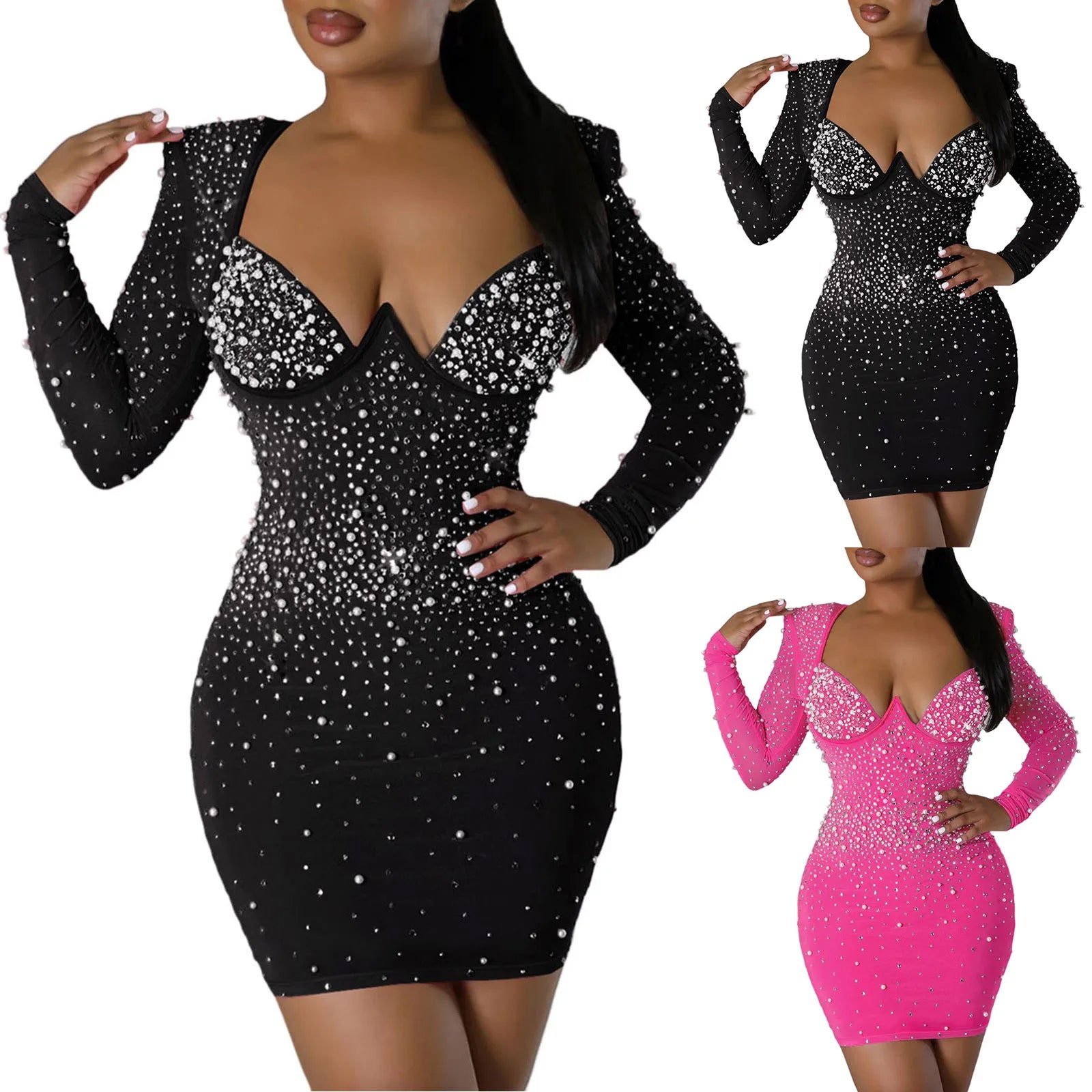 Sexy Sequined Rhinestone Bodycon Dress For Women 2025 New Long Sleeved V-Neck Party Dresses Elegant Evening Prom Gown Vestidos kpy