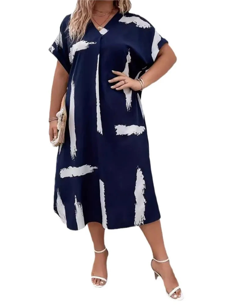 Plus Size Summer V-Neck Midi Dress Women Striped Graffiti Print Fashion Ladies Dresses Casual Loose Pleated Woman Dress somè