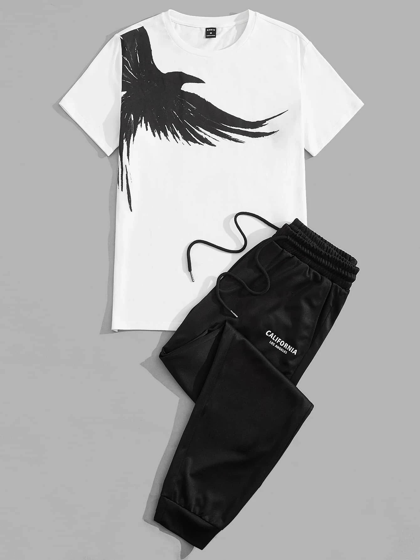 202& Simple Casual Men's T-shirt Short-sleeved Suit And Pants Fashion Eagle Print Pattern Sports And Leisure Two-piece Set