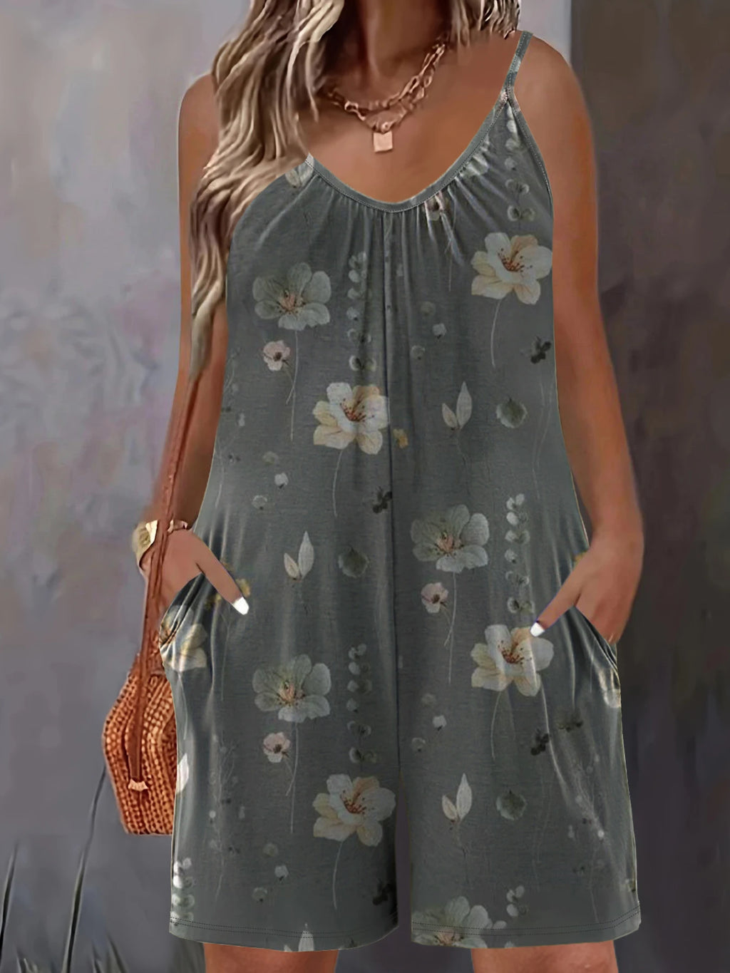 Jumpsuit Casual Pocket Ruched Sleeveless Romper Jumpsuit, Women's Plus Size Clothing