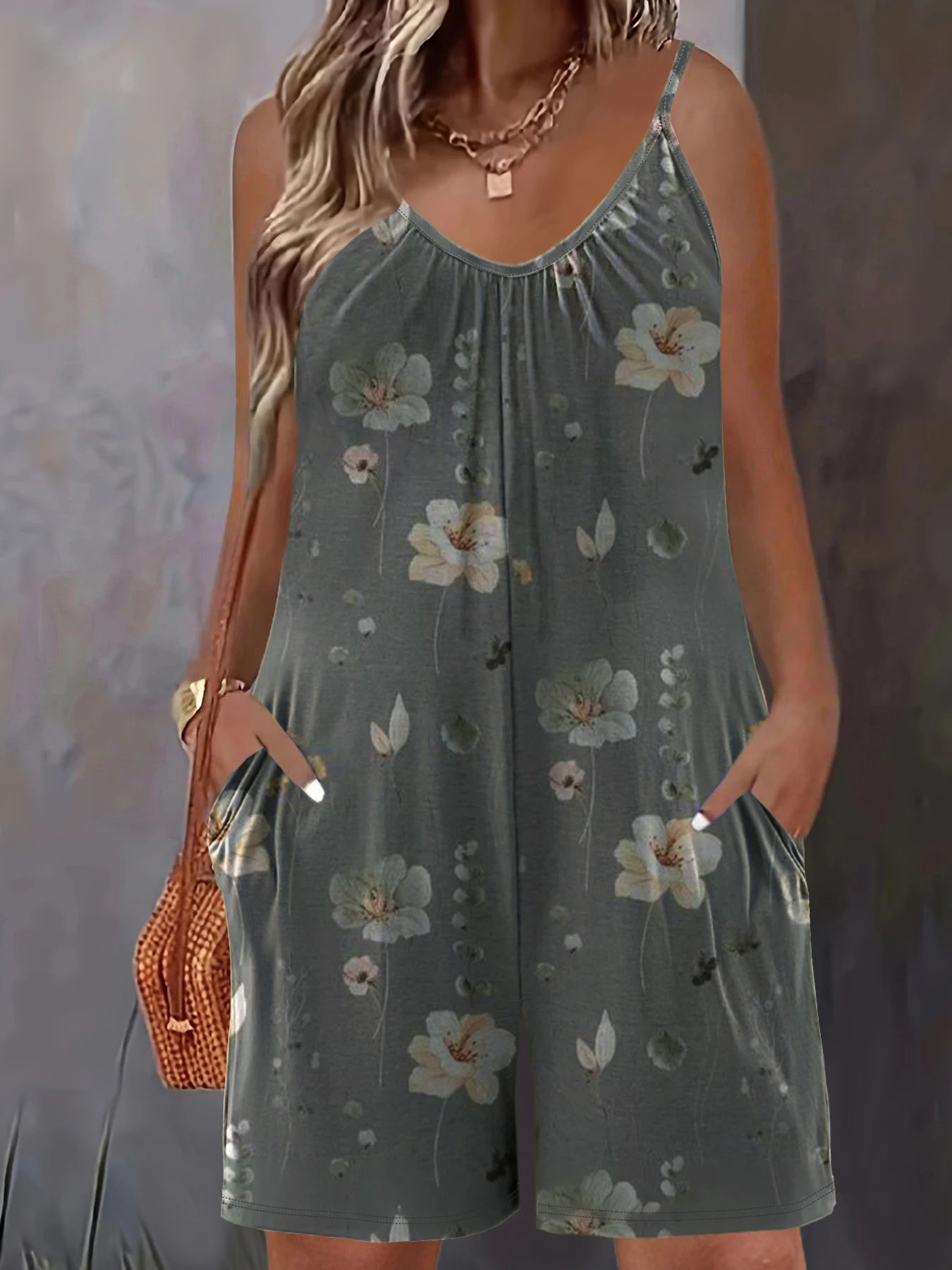 Jumpsuit Casual Pocket Ruched Sleeveless Romper Jumpsuit, Women's Plus Size Clothing