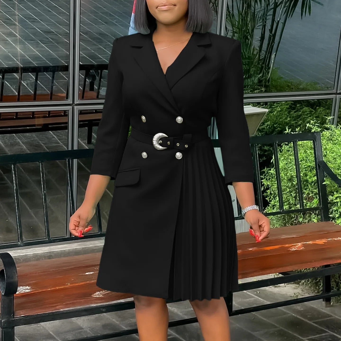 Elegant Blazer Dresses for Woman Notched Collar Full Sleeve Double Breasted Fashion Ladies Autumn Fall Daily Wear Pleated Dress klt