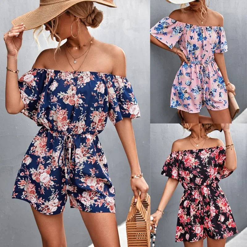 Summer Woman Playsuits Flowers Printed Sexy Off Shoulder Slim Romper Jumpsuit Women Short Sleeve Holiday Beach Playsuit 202&