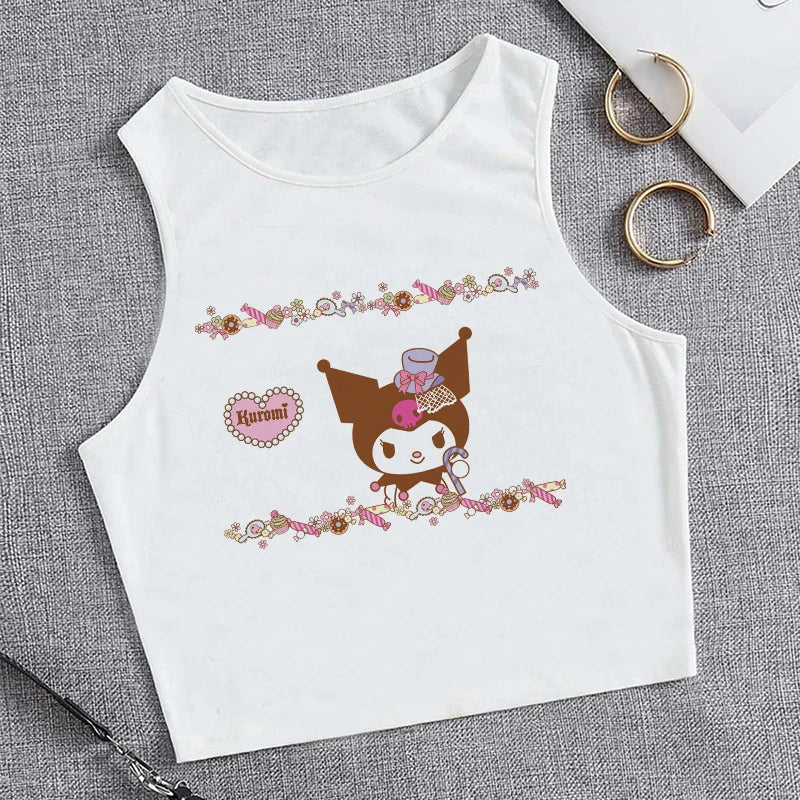 Y2K Vest Crop Top Kuromi T Shirt Cropped Sanrio Kuromi Women Manga T-shirt somè