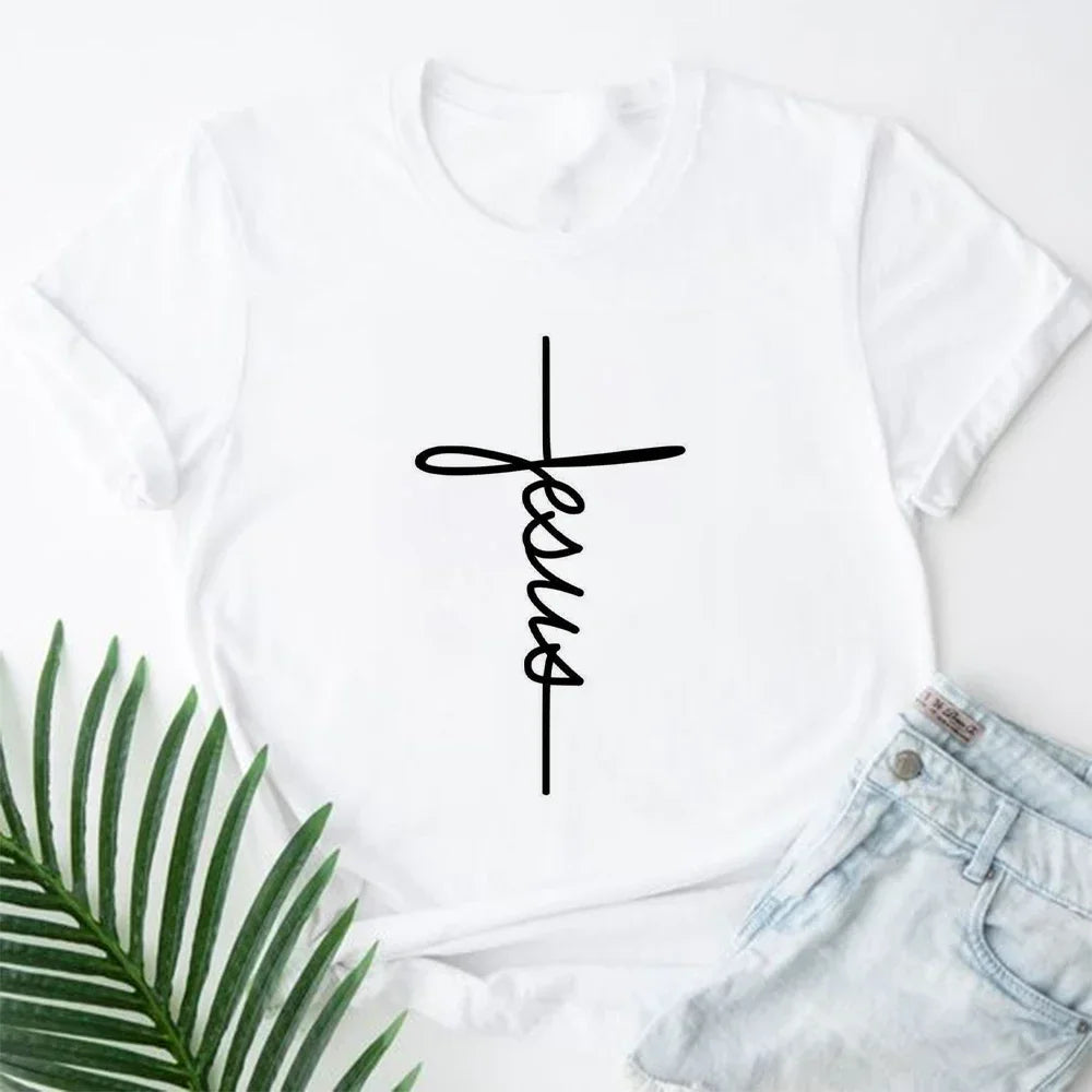 202& Jesus Is King Letter Print Women T-shirt Christian Faith Hope Love Harajuku T Shirts Religion O-neck Tops Tees Streetwears