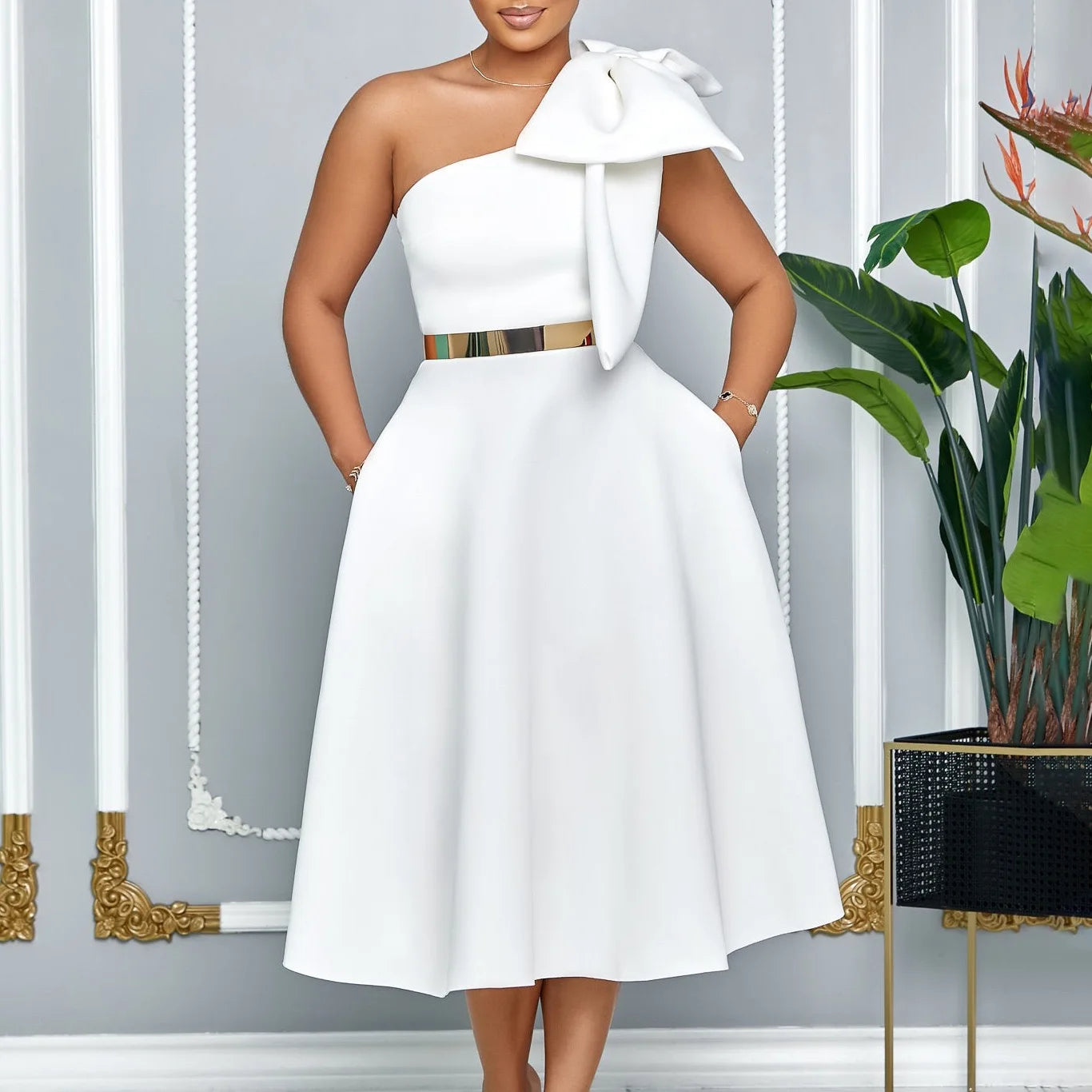 Dresses for Women One Shoulder Bow Decorate High Waisted Pleated Mid Calf Luxury Birthday Party Dinner Vestidos Mujer Dress klt