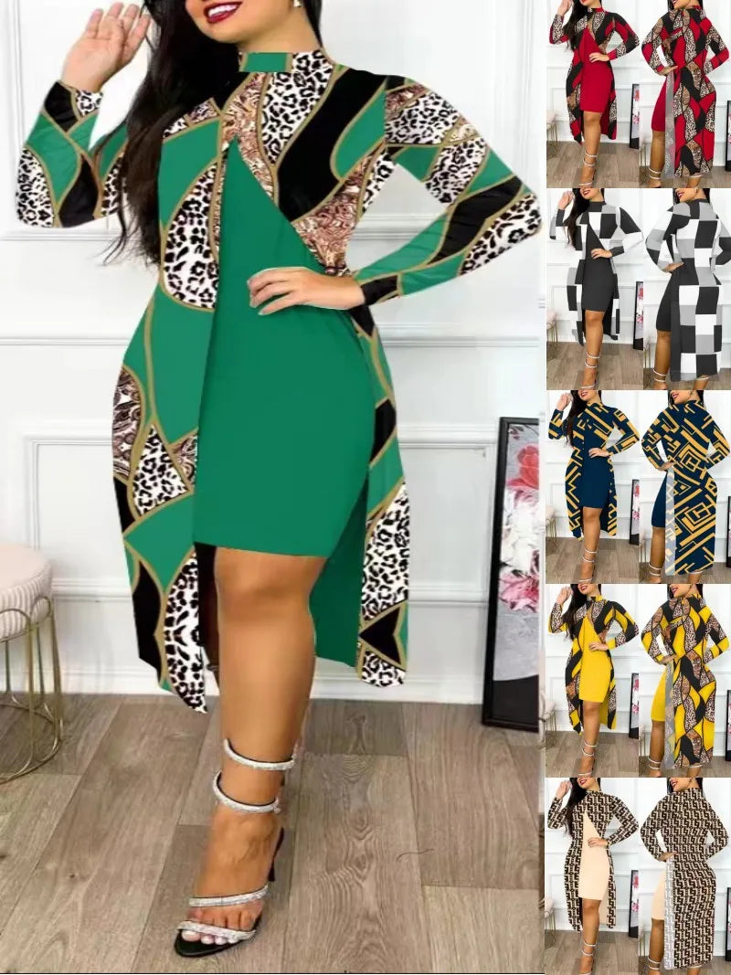 Two Piece Set Women Print Dresses Sets Full Sleeve Half High Collar Split Cardigan Dress Suits Elegant A Line Office Lady wowo