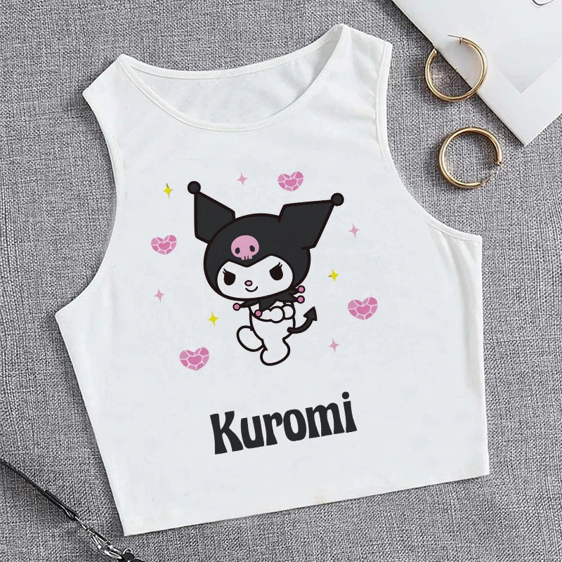 Y2K Vest Crop Top Kuromi T Shirt Cropped Sanrio Kuromi Women Manga T-shirt somè