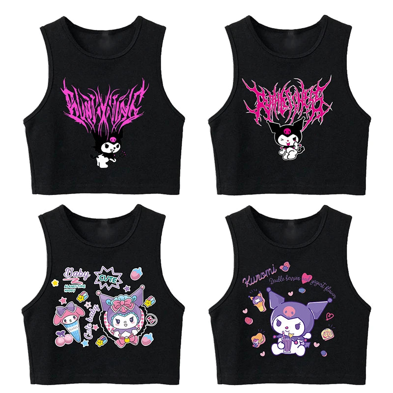Y2K Vest Crop Top Kuromi T Shirt Cropped Sanrio Kuromi Women Manga T-shirt somè