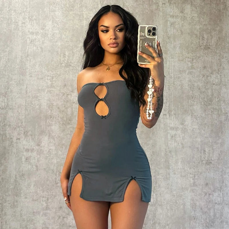 Y2K Sexy Mini Dress Women Summer Hottie Hollow Out Strapless Solid Color Pullover Dresses Streetwear  Women Clothes somè