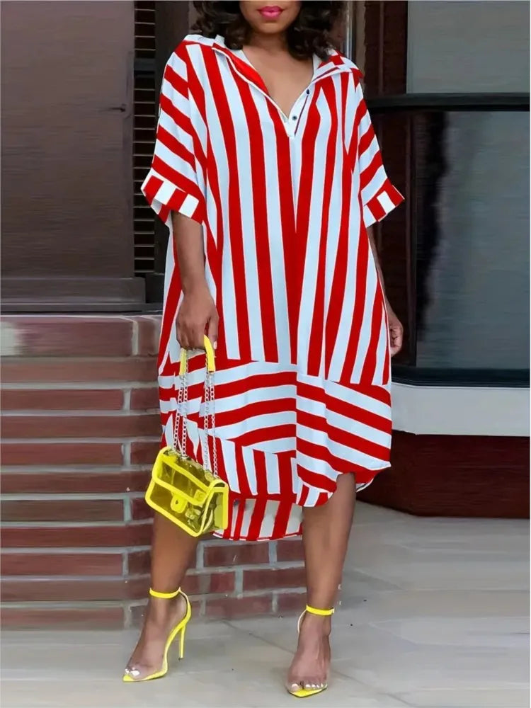 Fashion Printed Striped Short Sleeve Loose For Women's Dresses Summer Casual Simple Elegant Female Holiday Shirt Dress