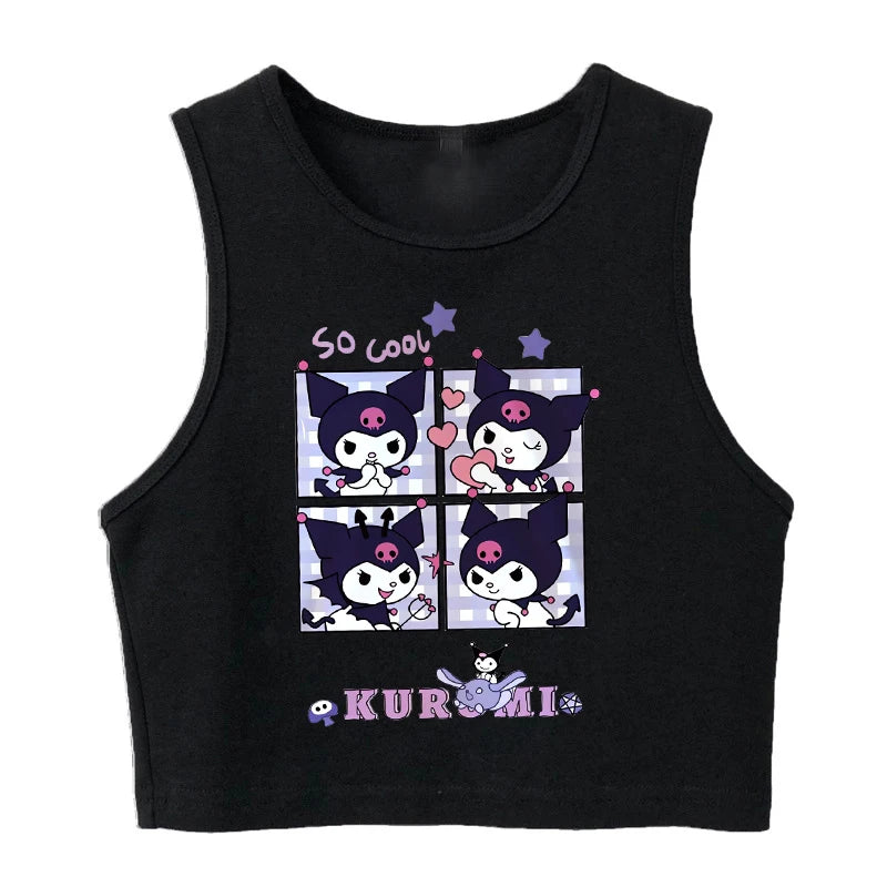 Y2K Vest Crop Top Kuromi T Shirt Cropped Sanrio Kuromi Women Manga T-shirt somè