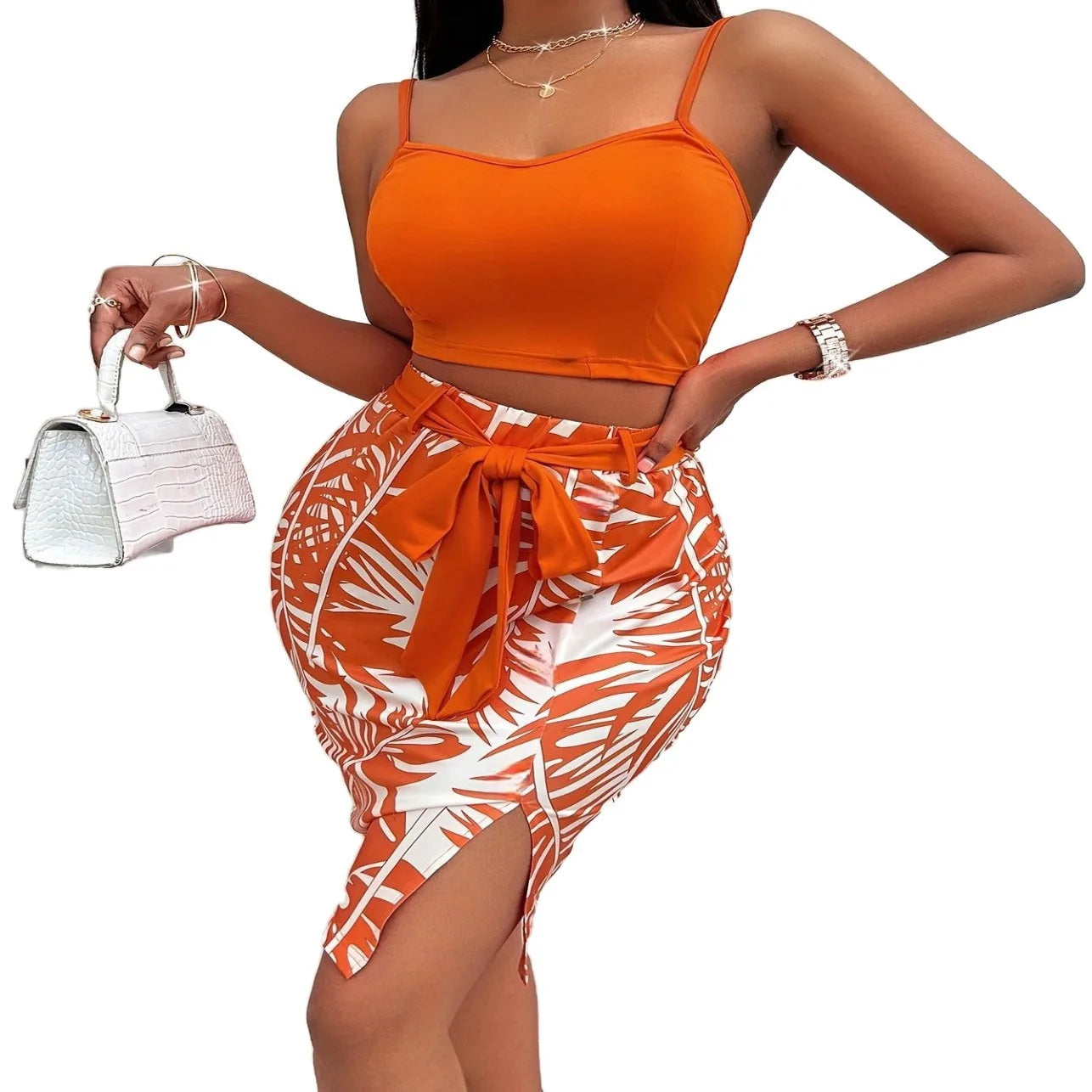 Spring and Summer Print Two Piece Sets Womens Outifits Stylish Halter Crop Short Tops and High Waist Skirt Sets Party Outfits somè