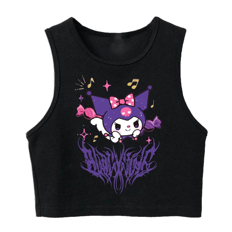 Y2K Vest Crop Top Kuromi T Shirt Cropped Sanrio Kuromi Women Manga T-shirt somè