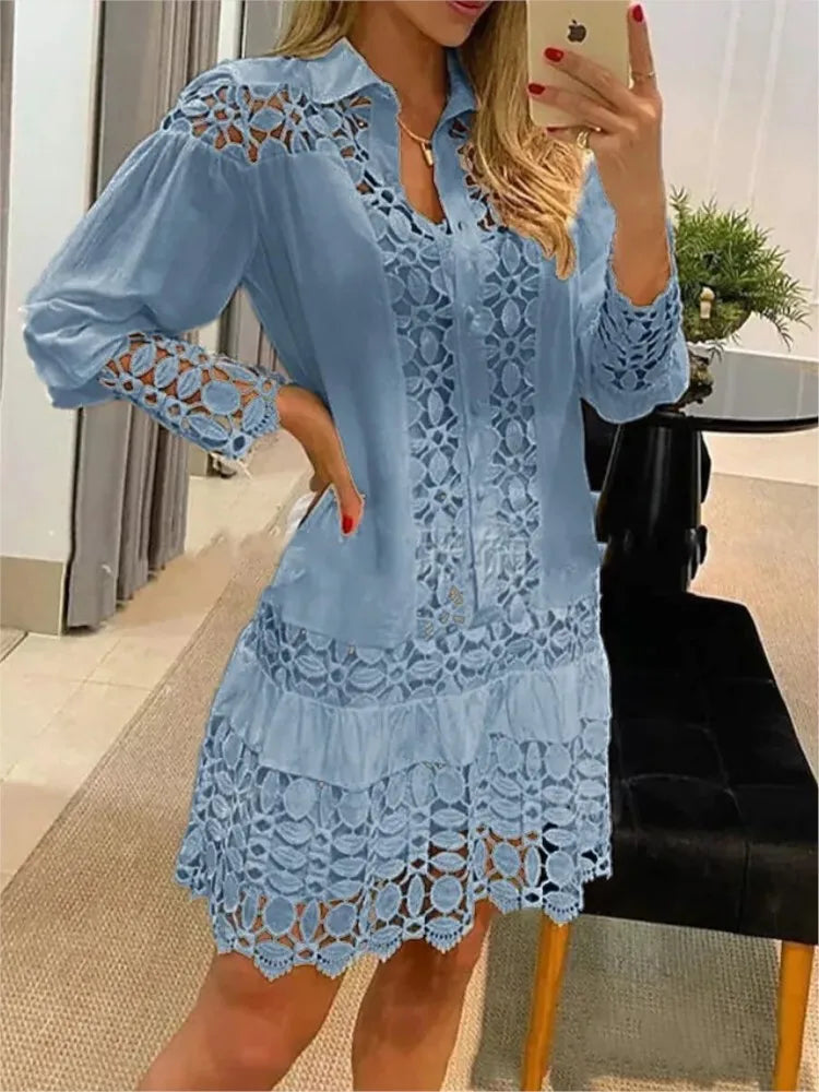 Spring Summer New Long Sleeve For Women's Dresses Solid Color Lace Splicing Fashion Cutout Shirt Elegant Female Sexy Dress somè