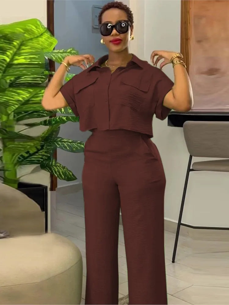 Women's Two Piece Sets Spring Summer Casual Solid Turn-down Neck Short Sleeve Loose Top & Wide Leg Pants Set  Streetwear Outfits somè