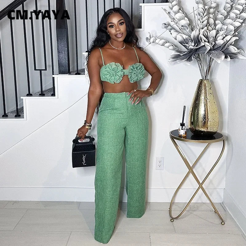 Streetwear Women's Set Sleeveless 3D Flower Crop Bra Top+Wide Leg Pants Elegant beach holiday Two 2 Piece Set Outfits somè