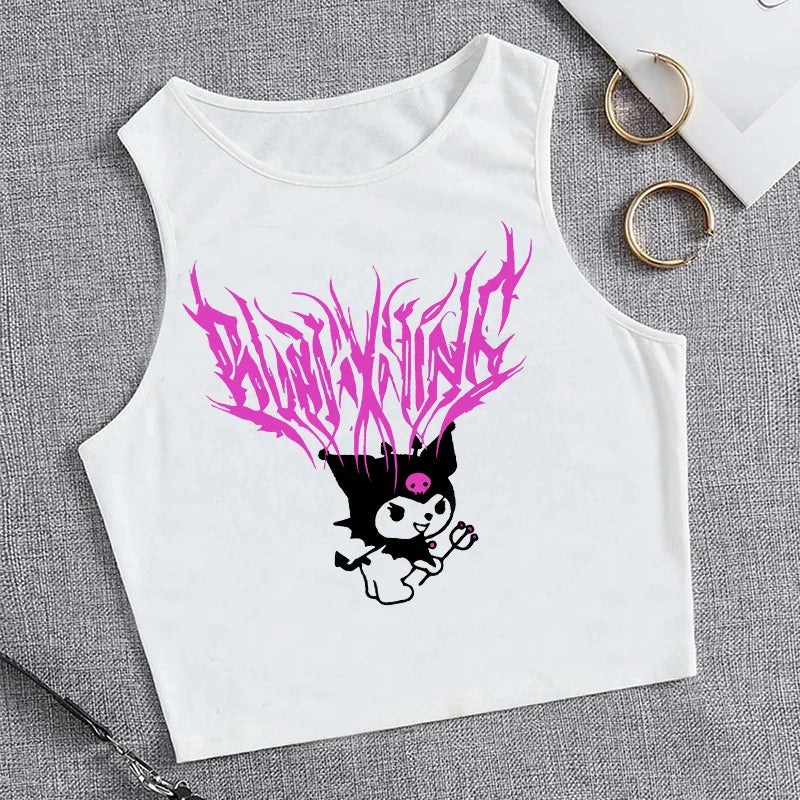 Y2K Vest Crop Top Kuromi T Shirt Cropped Sanrio Kuromi Women Manga T-shirt somè
