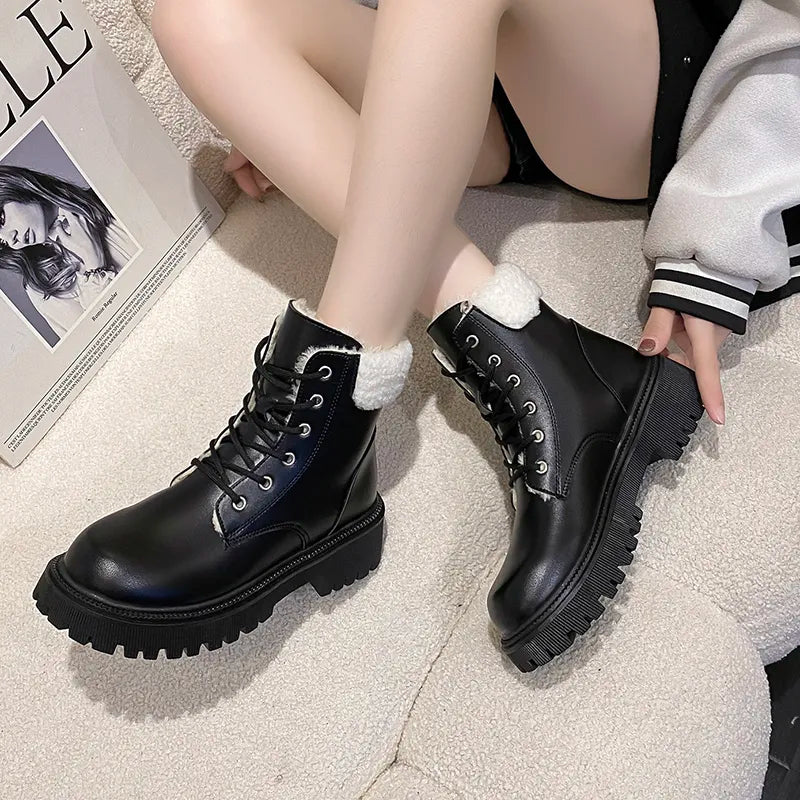 Ankle Boots for Women Lace-Up Waterproof Non-Slip Snow Boots Woman Pu Leather Warm kodez