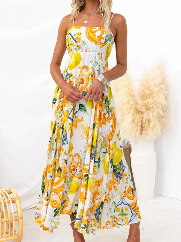 Women's Elegant Sleeveless Sling Dress, Loose High Waisted Long Dresses, Casual Printing, Summer Fashion, somè
