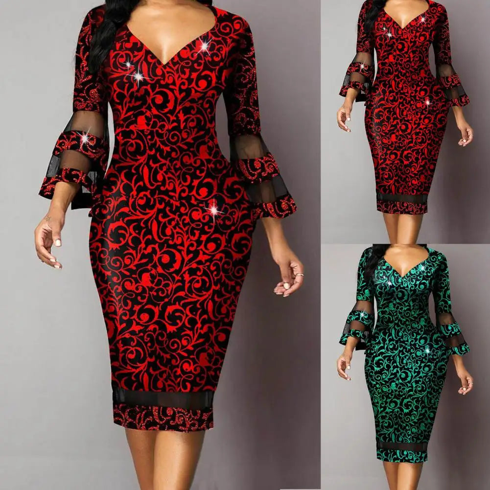 Midi Dress Beautiful Waist Tight Women Dress 3/4 Flare Sleeve Elegant Skinny Dress for Daily Wear