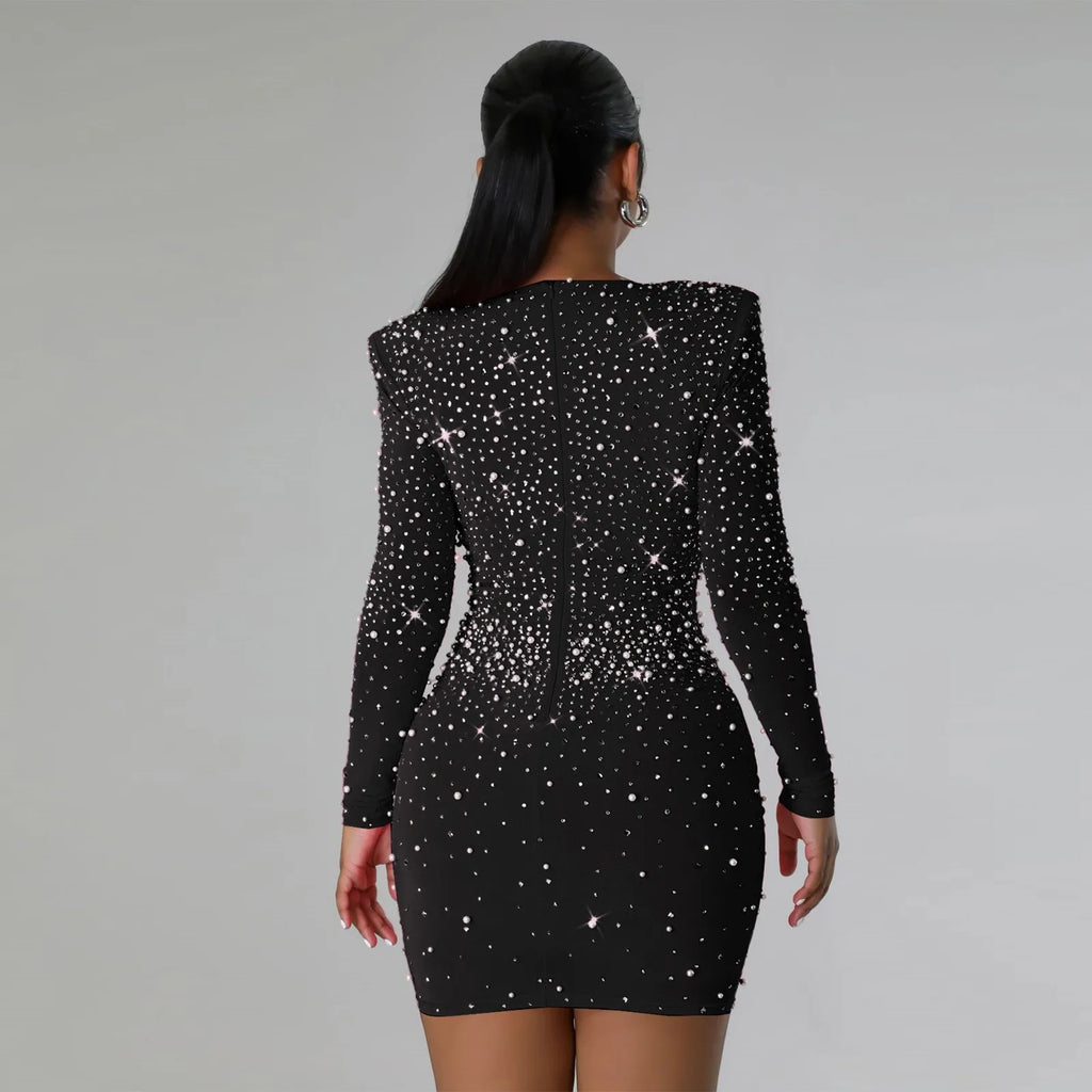 Sexy Sequined Rhinestone Bodycon Dress For Women 2025 New Long Sleeved V-Neck Party Dresses Elegant Evening Prom Gown Vestidos kpy